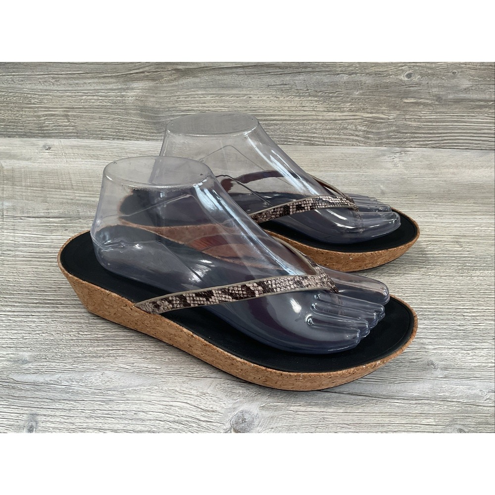 FitFlop Womens Linny Toe-Thong Cork Sandals Taupe Snake Leather Wedge Size 9